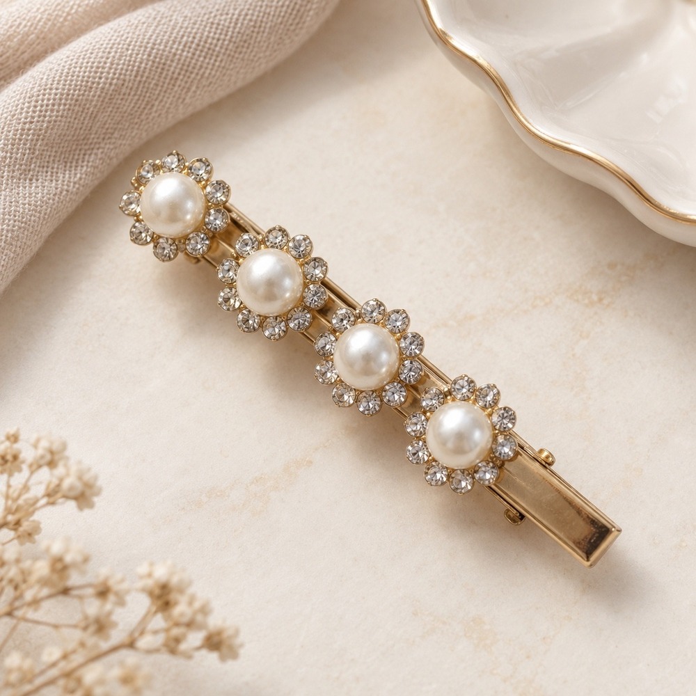 HuHu Gold Faux Pearl Rhinestone Flower Hair Barrette Alligator Clip Accessory